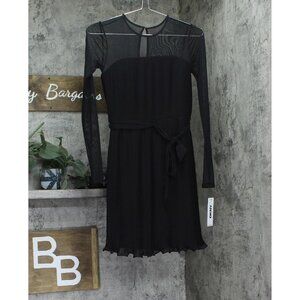 DKNY Petite Belted A-Line Dress Jewel Neck Pleated Mesh Dress XD4KI694 Black 0P